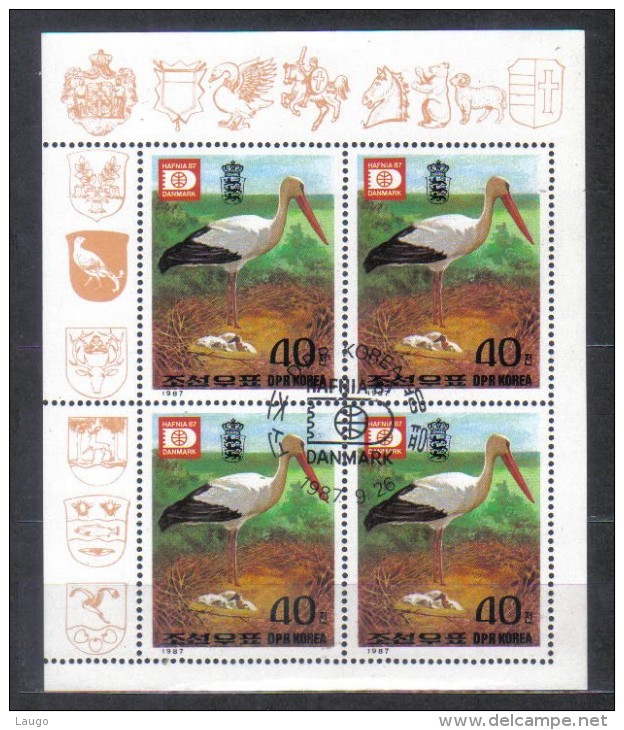 North Korea Mi 2877  Bird Stork Ciconia  In Sheet Of 4  , Hafnia Stamp Exhibition 1987    FU - Ooievaars