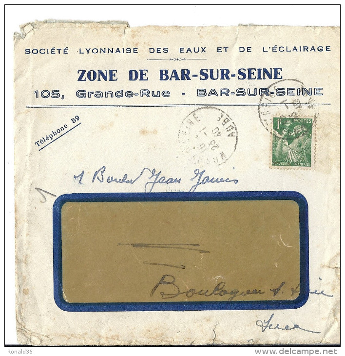 Enveloppe  PUBLICITAIRE Ste Lyonnaise Des Eaux Et De L´éclairage BAR SUR SEINE Machine A Coudre Type IRIS 1F VERT Cachet - 1939-44 Iris