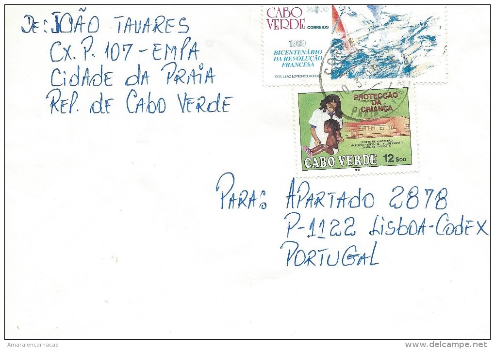 TIMBRES - STAMPS - LETTRE  DE CAPE VERDE / CAP VERT  POUR PORTUGAL -  200 AENNS DE LA RÉVOLUTION FRANÇAIS ET PRETECTION - Cape Verde