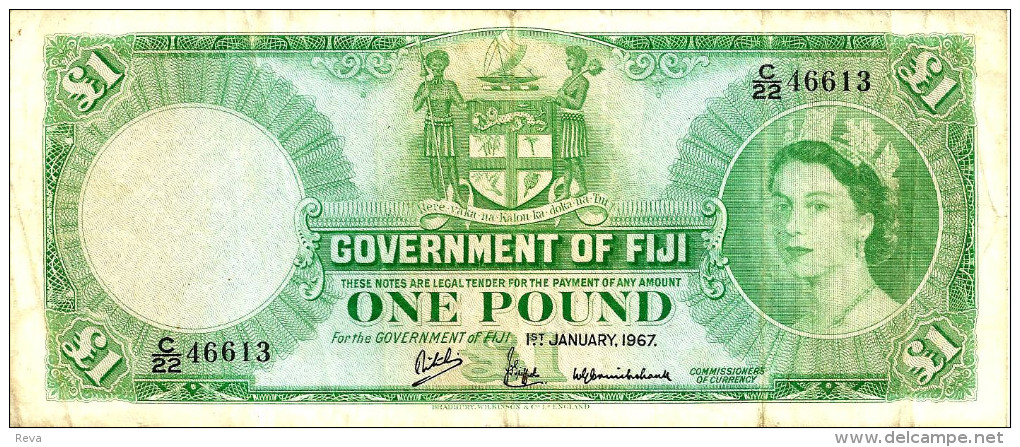 FIJI 1 POUND GREEN QEII HEAD FRONT & MOTIF BACK DATED 01-01-1967 F+ P.53i READ DESCRIPTION!! - Fidji