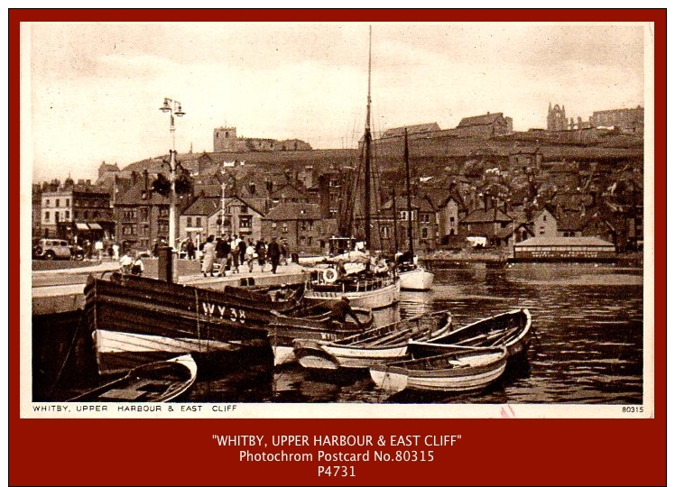 P4731  “WHITBY, UPPER HARBOUR & EAST CLIFF”  (c1950’s. Sepia Matt Real Photo Postcard) - Whitby