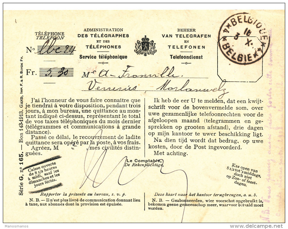 925/22 - Avis De Quittance Téléphonique 1919 - Cachet De FORTUNE Belgique 4 ( CHARLEROI) - Telekommunikation [TE]