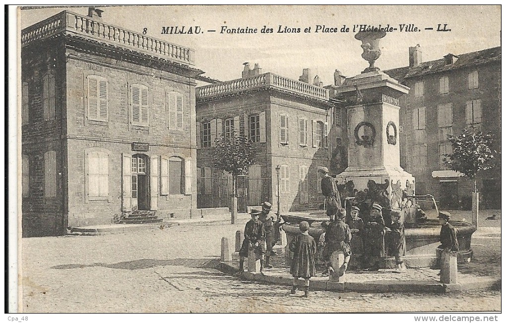 Aveyron, Millau, Fontaine Des Lions Et Place De L'Hotel De Ville, Animée - Millau