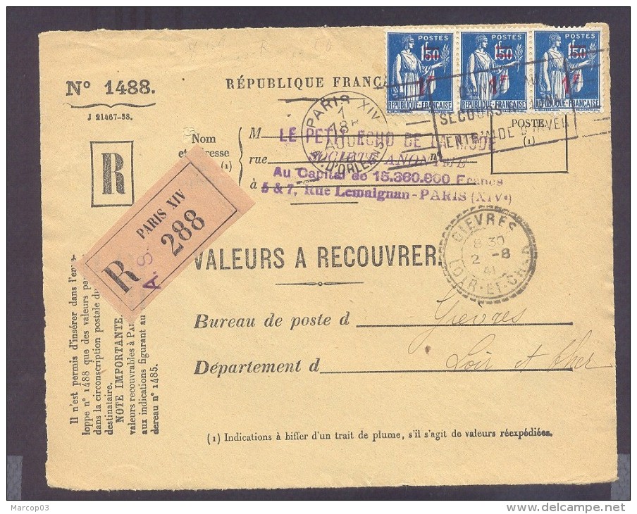 RECOUVREMENT / VALEURS A RECOUVRER Devant Env 1488 Tarif 3 Fr Tarif 01/12/1939 Paix - 1921-1960: Période Moderne