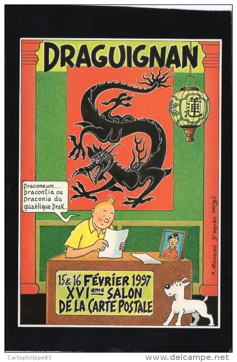 ILLUSTRATEUR A ROUSSEY   SÉRIE TINTIN DRAGUIGNAN  CARTE COMMEMORATIVE DU SALON - Bandes Dessinées