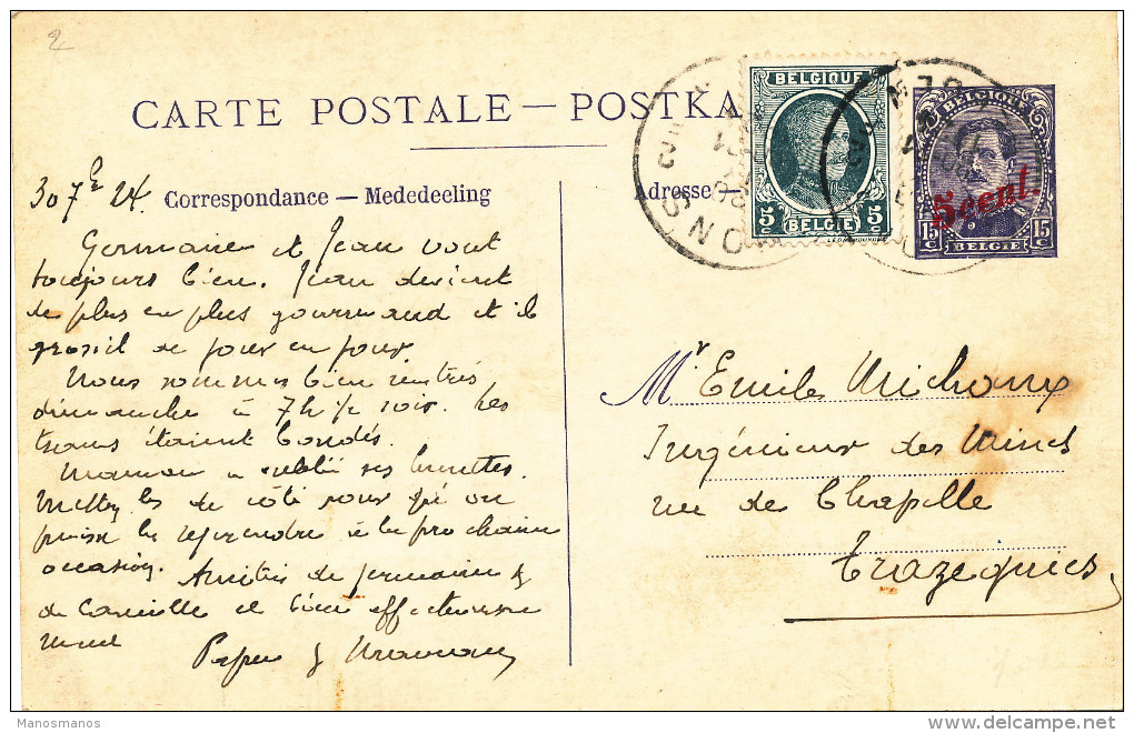 942/22 - Entier Paquebot Oostende-Dover TP Petit Albert 5 Sur 15 C + TP Houyoux MONS 1924 - Liner Cards