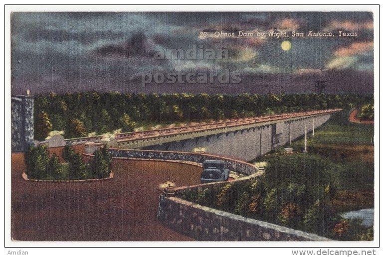 USA, San Antonio Texas - Olmos Dam Night View - C1940s-50s Vintage Postcard - TX - San Antonio