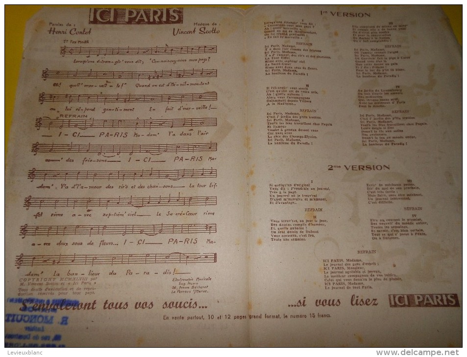 Ici Paris/ Le Plus Parisien Des Grands Hebdomadaires/ /Vincent Scotto/ Cricri Muller/Le Perreux Sur Marne/1948   PART72 - Partitions Musicales Anciennes