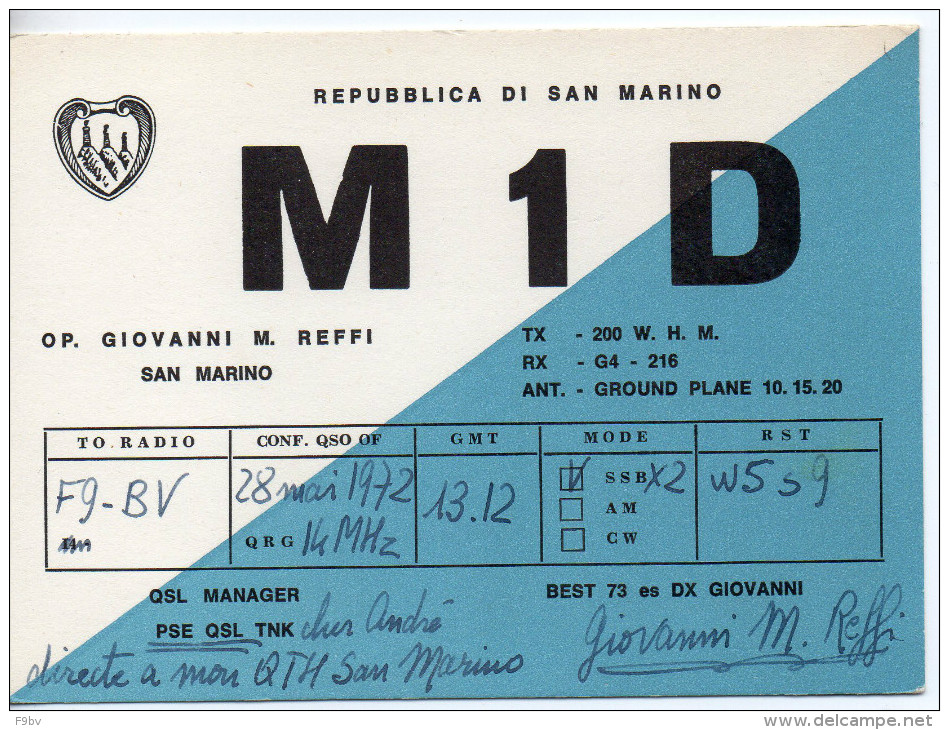 AMATEUR RADIO   M1D  -  GIOVANNI M.REFFI  -  SAN MARINO  - 1972 - Radio Amateur