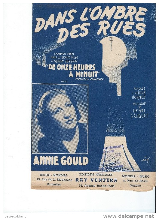 Dans L'ombre Des Rues/Annie Gould/ De Onze Heures à Minuit/ Editions Ventura/ 1949  PART74 - Partitions Musicales Anciennes