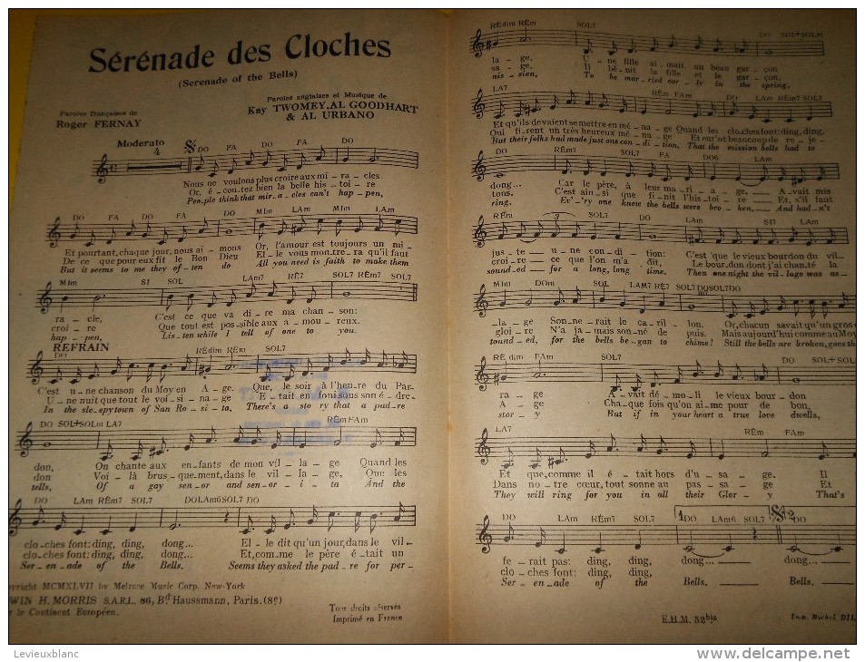 Sérénade Des Cloches/Fernay/ Line Renaud/ Melrose Music Corp// 1947    PART75 - Partitions Musicales Anciennes