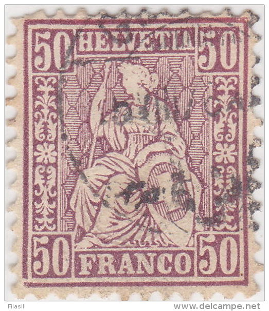 SI53D Svizzera Suisse Helvetia 50 C.  Franco Lilla  Usato Con Annullo 1862 - Usati