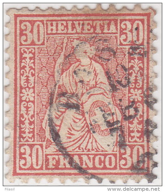 SI53D Svizzera Suisse Helvetia 30 C.  Franco Carminio  Usato Con Annullo, 1862 - Oblitérés