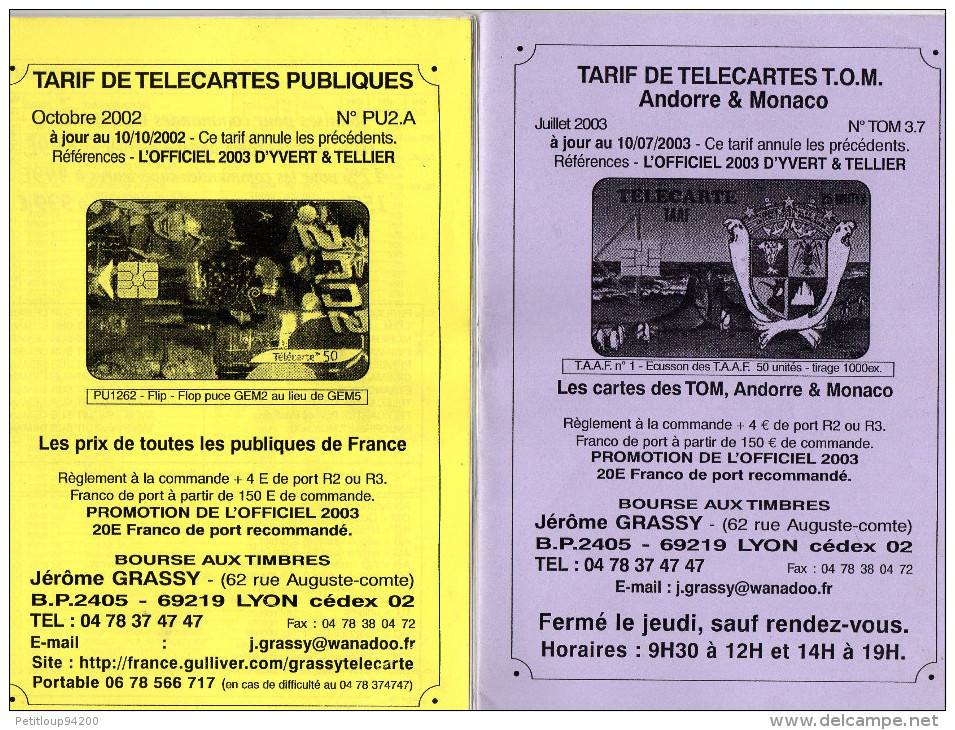 TARIFS TELECARTES  JEROME GRASSY *2000 *2003  (lot De 2) - Livres & CDs