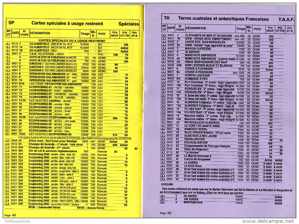 TARIFS TELECARTES  JEROME GRASSY *2000 *2003  (lot De 2) - Kataloge & CDs