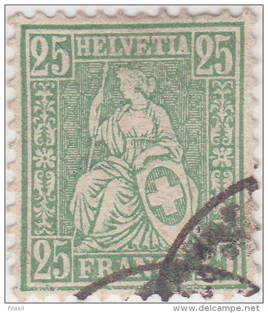 SI53D Svizzera Suisse Helvetia 25 C.  Franco Verde Pisello  Usato Con Annullo, 1862 - Oblitérés
