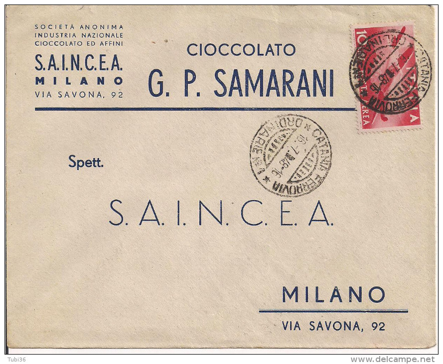 SAMARANI CIOCCOLATO, MILANO, BUSTA COMMERCIALE  VIAGGIATA 1948, AEREA L.10, POSTE CATANIA-MILANO - Historische Dokumente