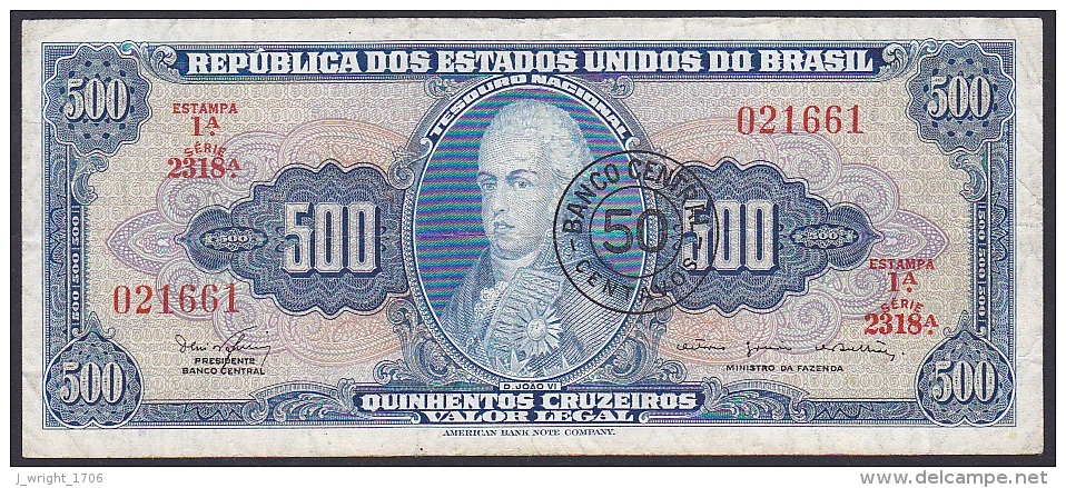 Brazil, 50 Centavos Overstamp, P.186 (Overprinted P.172) F - Brazilië