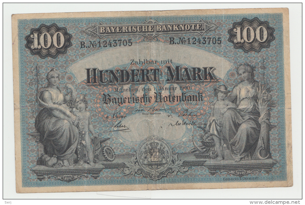 Germany 100 Mark 1. 1. 1900 Bayerische Banknote VF - 100 Mark