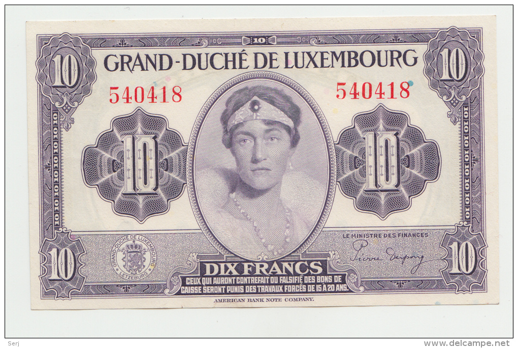 LUXEMBOURG 10 FRANCS 1944 XF++ P 44 - Luxembourg