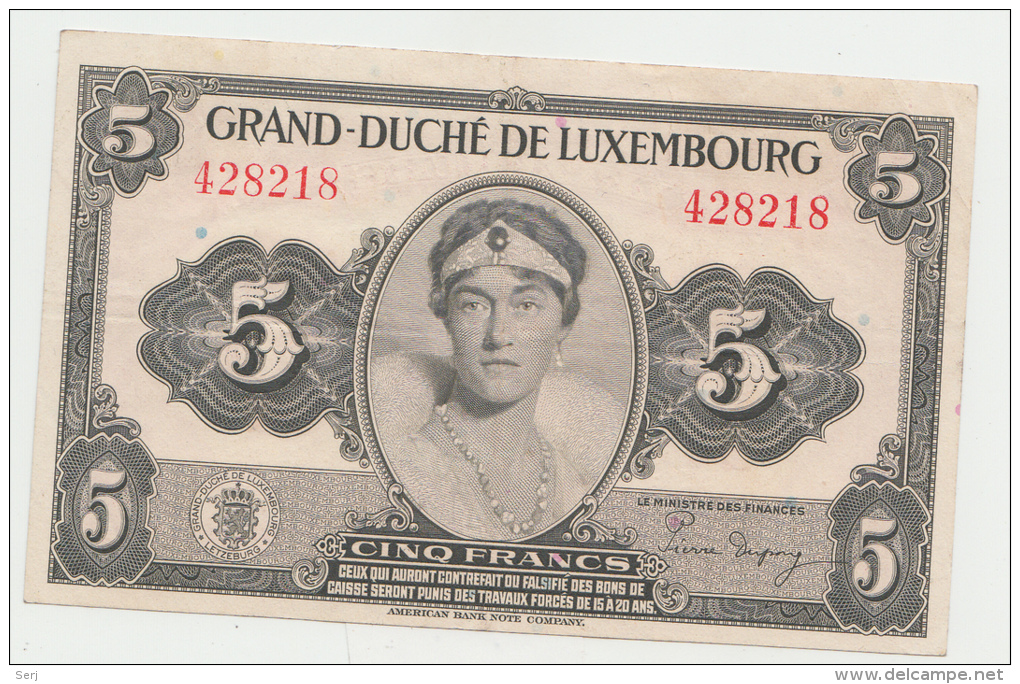 LUXEMBOURG 5 FRANCS 1944 VF++ P 43a 43 A - Lussemburgo