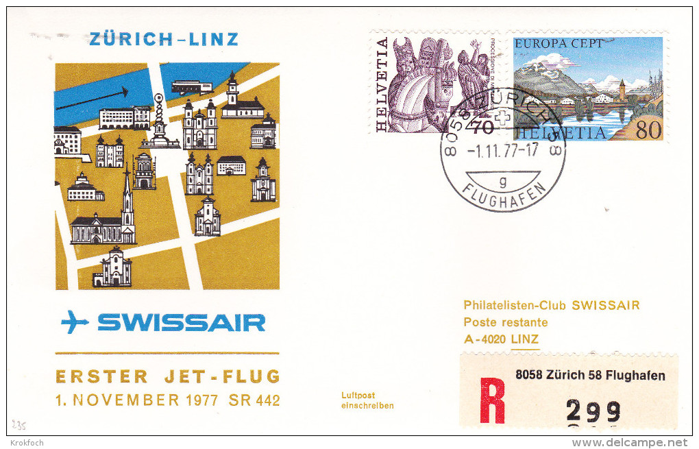 Zurich Linz 1977 - Erstflug 1er Vol First Flight - Swissair - First Flight Covers