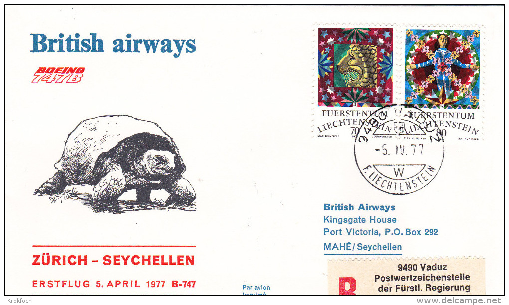 Vaduz Zurich Seychelles Victoria  1977 - Erstflug 1er Vol First Flight - Swissair - Boeing British Airways - Seychellen - Machines à Affranchir (EMA)