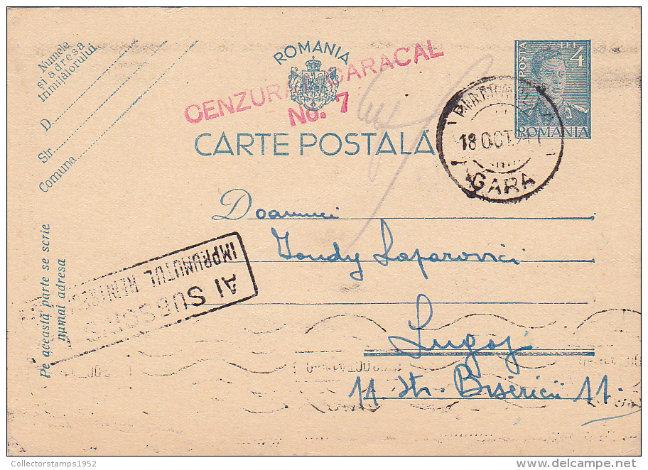 756A  PRISON POLICY PIATRA OLT CENSORED CARACAL STATIONERY POSTCARD SENT TO LUGOJ,1941 ROMANIA. - 2. Weltkrieg (Briefe)