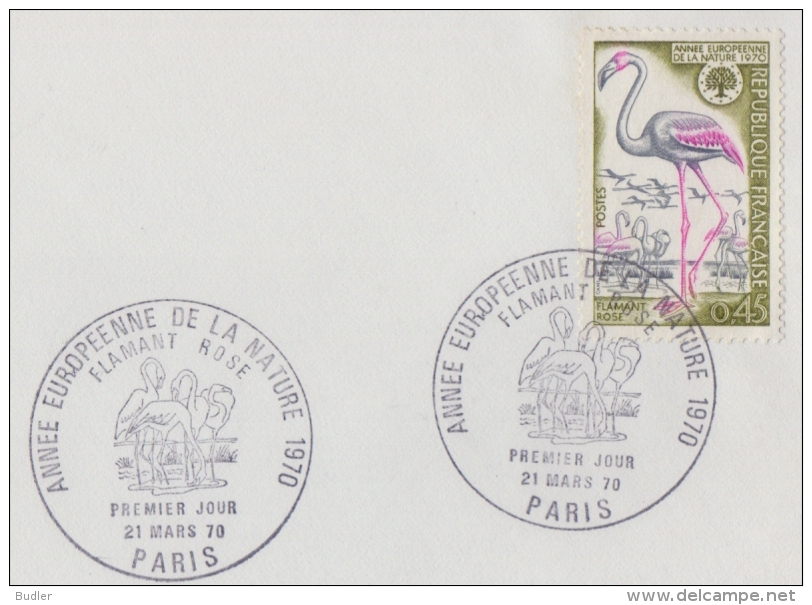 FRANCE :1970: Y.1634 Avec Oblitération Illustrée sur Fragment : FLAMANT ROSE, ## Année Européenne De La Nature ##. - Flamants