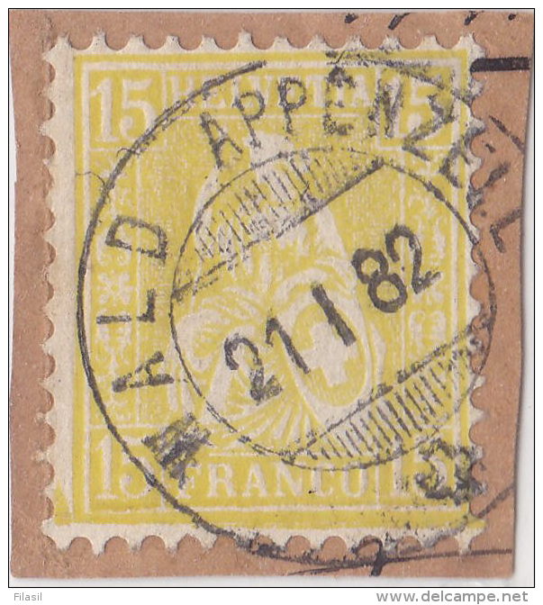 SI53D Svizzera Suisse Helvetia 15 C.  Franco Giallo  Usato Con Annullo Wald Appenzeld, 21 1 82 Su Frammento - Used Stamps