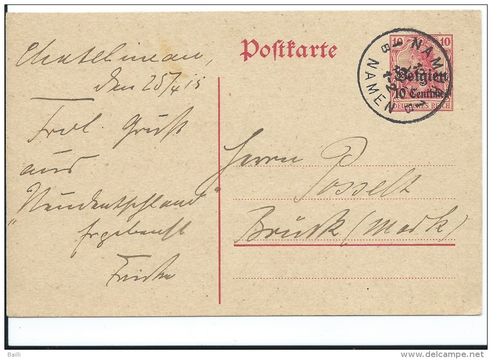 OCCUPATION ALLEMANDE EN BELGIQUE ENTIER POSTAL NAMUR 1915 - Besetzungen 1914-18