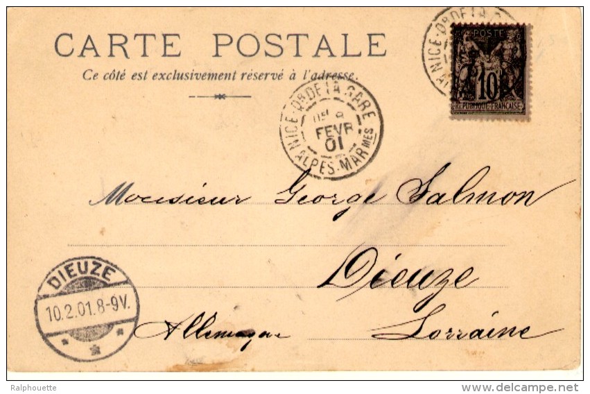 Souvenir De La Bataille De Fleurs De Nice - Timbre Y&T France N°103 - Cachet De Nice à Dieuze (Lorraine Occupée) - Karneval