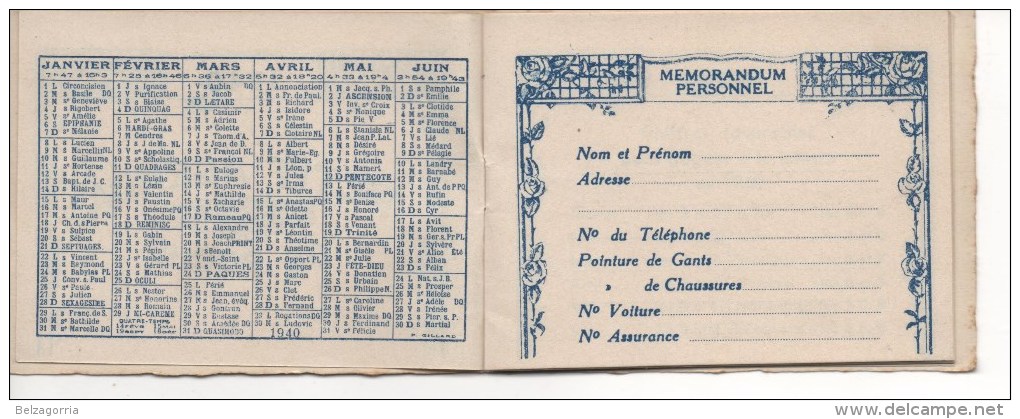 AGENDA,CALENDRIER DE POCHE 1940, 33 LIBOURNE,  PUBLICITE  A. BERTHON, ETAT PARFAIT Voir SCAN - Petit Format : 1921-40