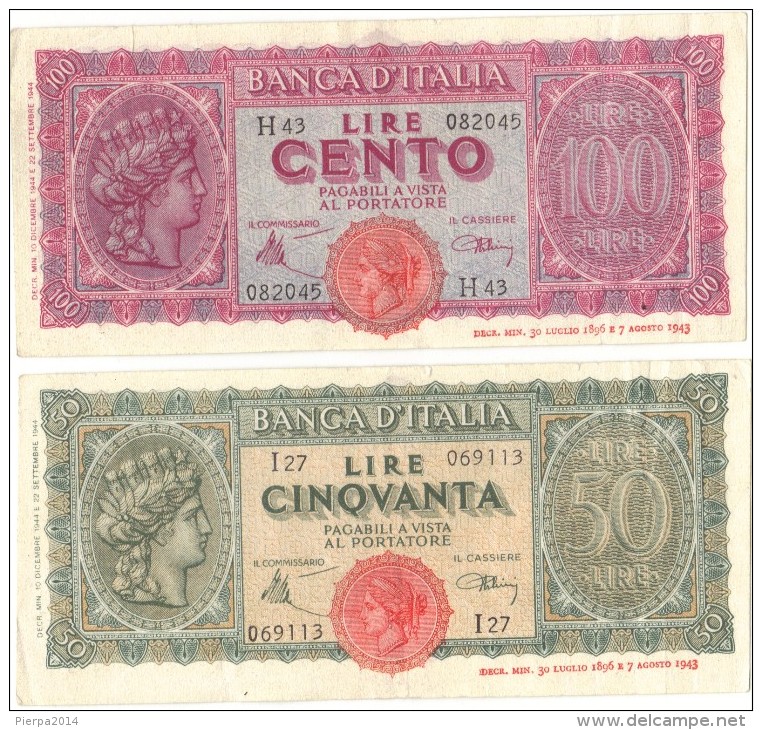 Banca D´Italia 50 E 100 Lire 10-12-1944.Introna-Urbini - 100 Liras