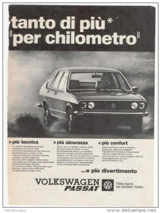 1974 - Automobili VOLKSWAGEN Passat  -  1 Pag Pubblicità Cm. 13x18 - Cars