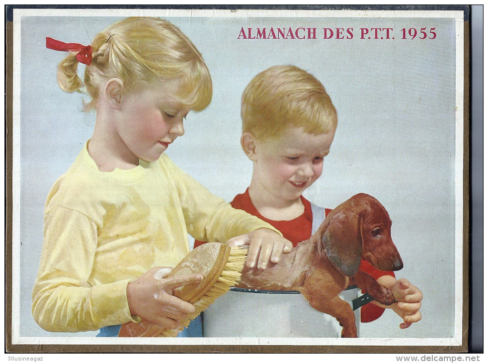 Calendrier,1955, Almanach Des PTT,postes,29 X 21,5 Cm.departement 26 .enfants Chien - Grand Format : 1941-60