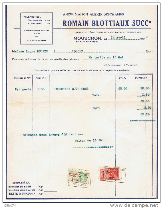 MOUSCRON - TOURCOING - LOBBES - Facture  ROMAIN BLOTTIAUX  (Laine / Bonneterie / Mercerie) + Carte Récépissé De Paiement - Kleidung & Textil