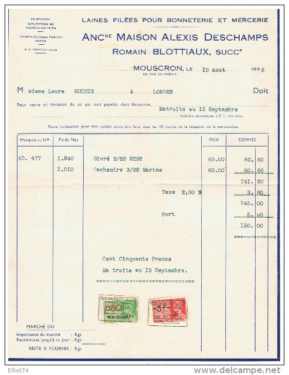 MOUSCRON - TOURCOING - LOBBES - Facture  ROMAIN BLOTTIAUX  (Laine / Bonneterie / Mercerie) + Carte Récépissé De Paiement - Kleidung & Textil