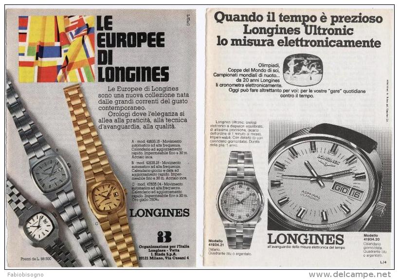 1974 - Orologio LONGINES (sport Mondiali) -  2 Pagine Pubblicità Cm. 13 X 18 - Watches: Bracket