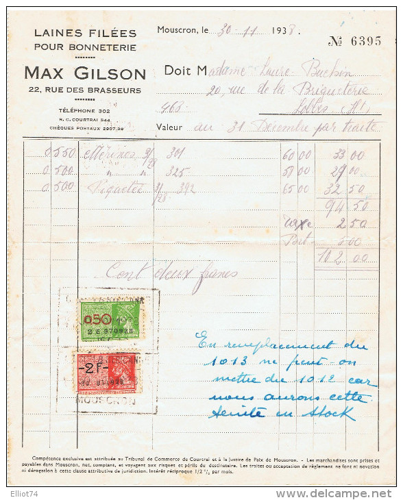 MOUSCRON -  LOBBES - Facture  GILSON MAX  (Laine / Bonneterie) + Carte Récépissé De Paiement De 1938 - Kleidung & Textil