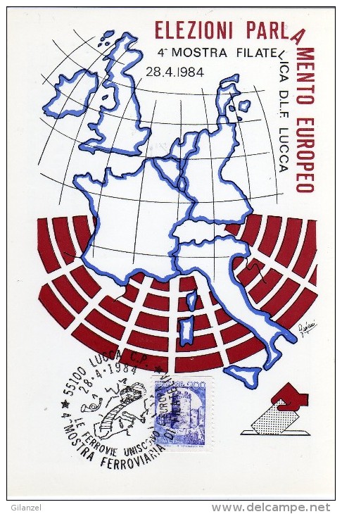 Italia 1984 Lucca Mostra Filatelica Ferroviaria Treni Train Chemin De Fer Zug Elezioni Parlamento Europeo - Eisenbahnen