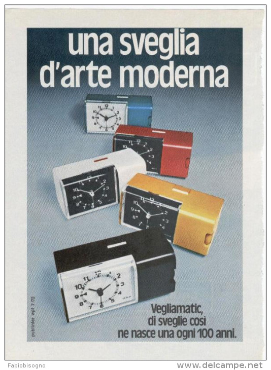 1972 - Orologio Sveglia VEGLIAMATIC  -  1 Pag. Pubblicità Cm. 13 X 18 - Alarm Clocks