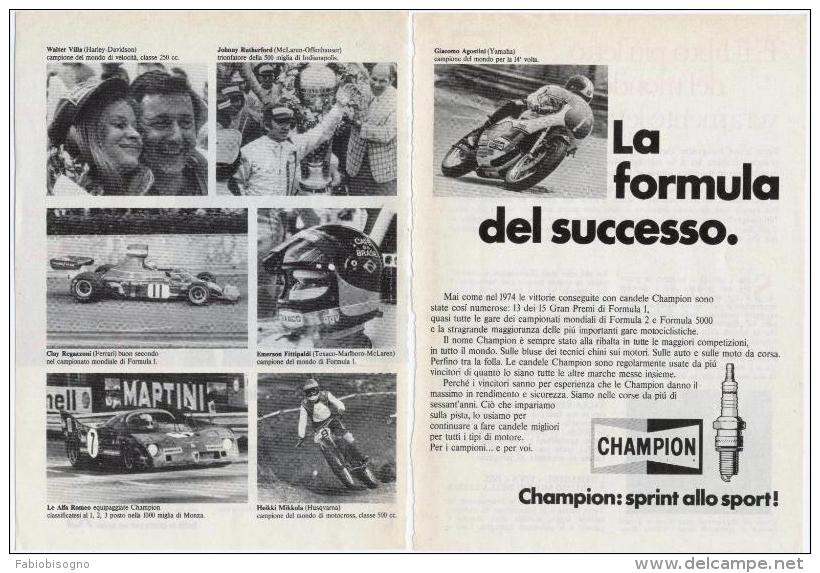 1974 - Candele CHAMPION ( Mc Laren Ferrari Yamaha Agostini ) -  2 Pag. Pubblicità Cm. 13 X 18 - Autosport - F1