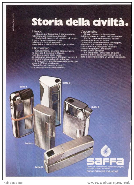 1974  - Accendini SAFFA -  1 Pag Pubblicità Cm. 13 X 18 - Advertising Items