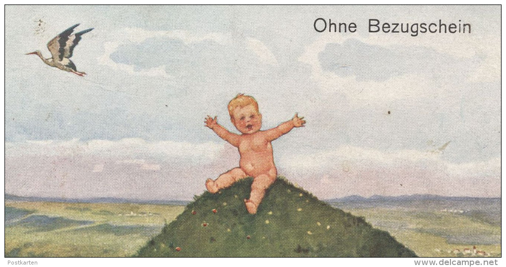 ALTE KÜNSTLER POSTKARTE HUMOR OHNE BEZUGSSCHEIN NACKTES BABY Humour Enfant Bébé Nu Nude Cigogne Stork Storch Postcard AK - Geboorte