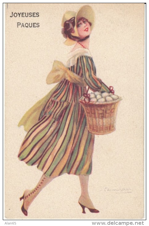 Bompard(?) Artist Signed, Joyeuses Paques Happy Easter, Deco Woman Fashion C1920s Vintage Postcard - Bompard, S.