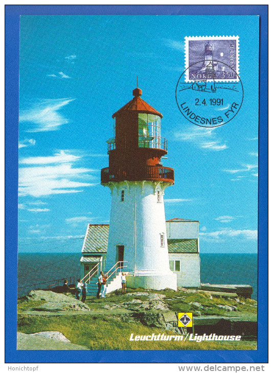 Norwegen; Maximum Card; Leuchtturm Lindesnes; 1991 - Maximumkarten (MC)