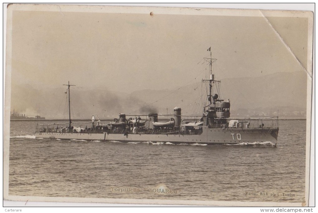 CARTE PHOTO MARIUS BAR TOULON,EN 1926,BATEAU,NAVIRE GUERRE,TORPILLEUR,LE TOUAREG,BIZERTE,TUNISIE,c Orrepondance - Krieg