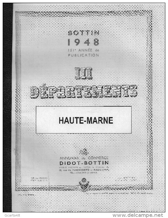 ANNUAIRE HAUTE-MARNE 52 - Année 1948 - Edition DIDOT BOTTIN 72 Pages - Telephone Directories