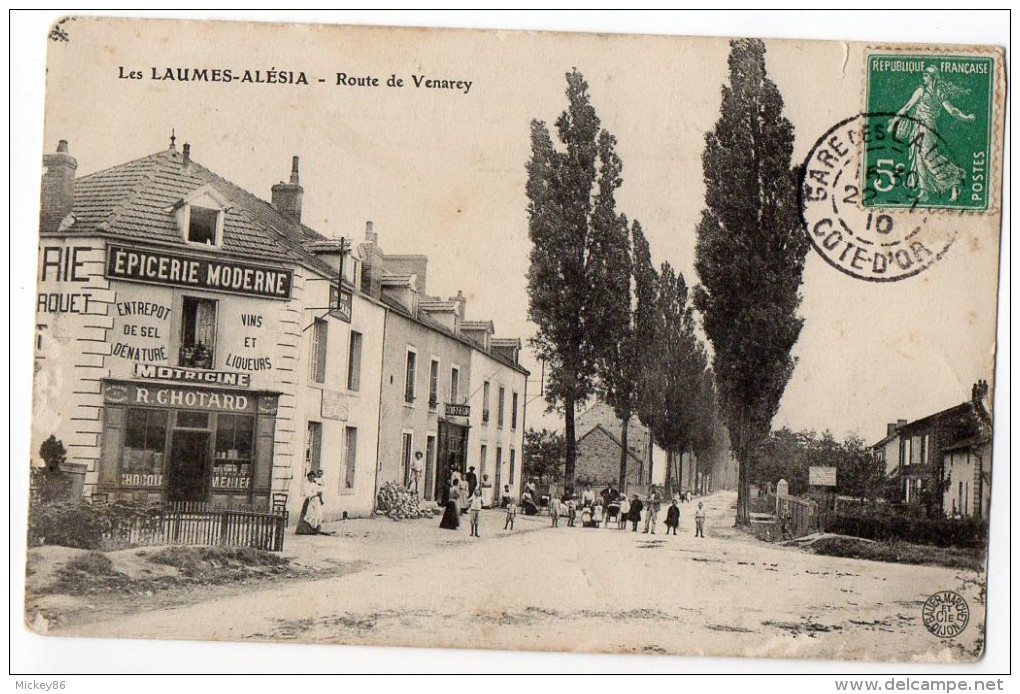VENAREY-LES-LAUMES--Les Laumes-Alésia-1910-Route De Venarey(très Animée,commerce Chotard,pubs Motricine,Chocolat Menier) - Venarey Les Laumes